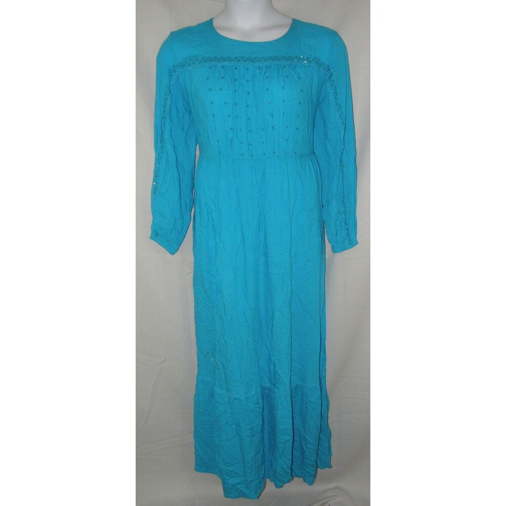 Bright Blue Sz Large Embellished Long Sleeve Tie Back Modest Maxi Dress KASHKHA
